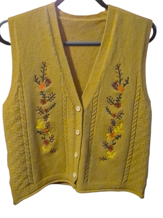 Jackets & Blazers - Floral Embroidered Sweater Vest M Mustard Cable Knit Cottagecore Boho Indie Folk